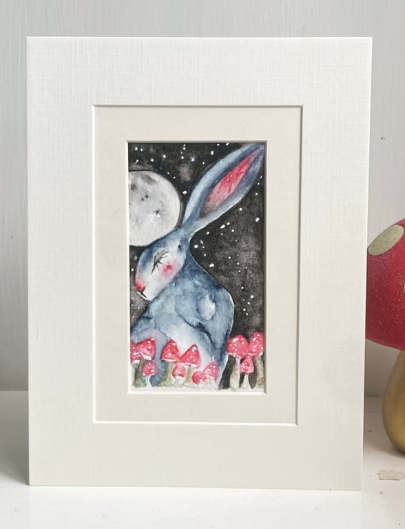 Mounted Original Hare Rabbit under the Moon with Mushrooms Watercolour 