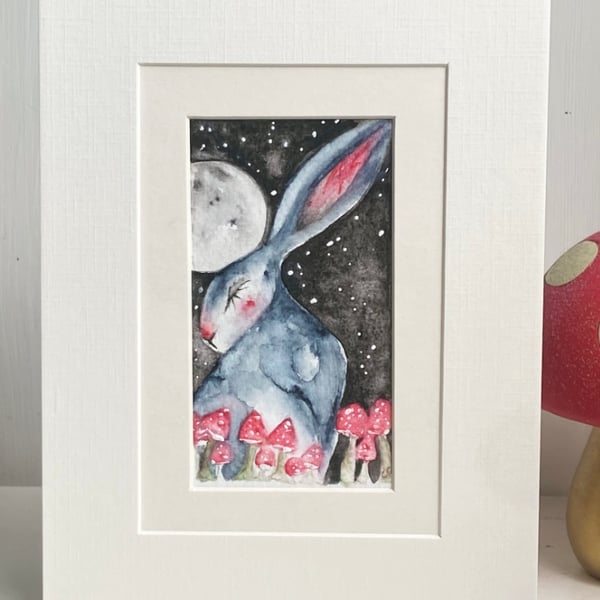 Mounted Original Hare Rabbit under the Moon with Mushrooms Watercolour 