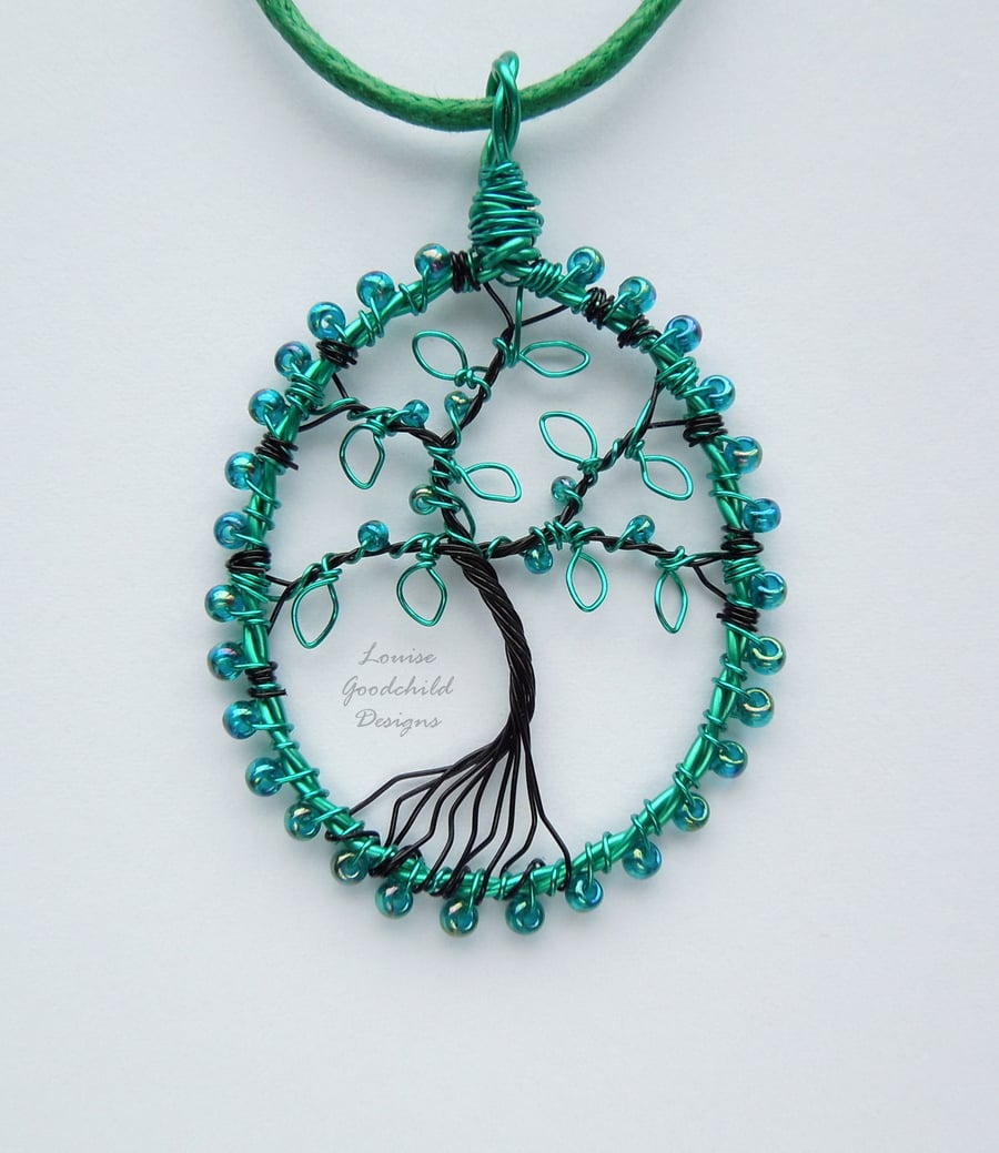 Teal tree of life pendant necklace, unique wearable wire art