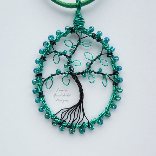 Teal tree of life pendant necklace, unique wearable wire art