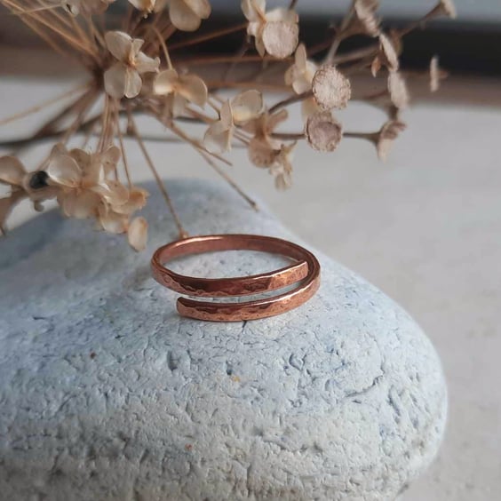 Hammered Copper Wrap Around Band Ring - Adjustable Band