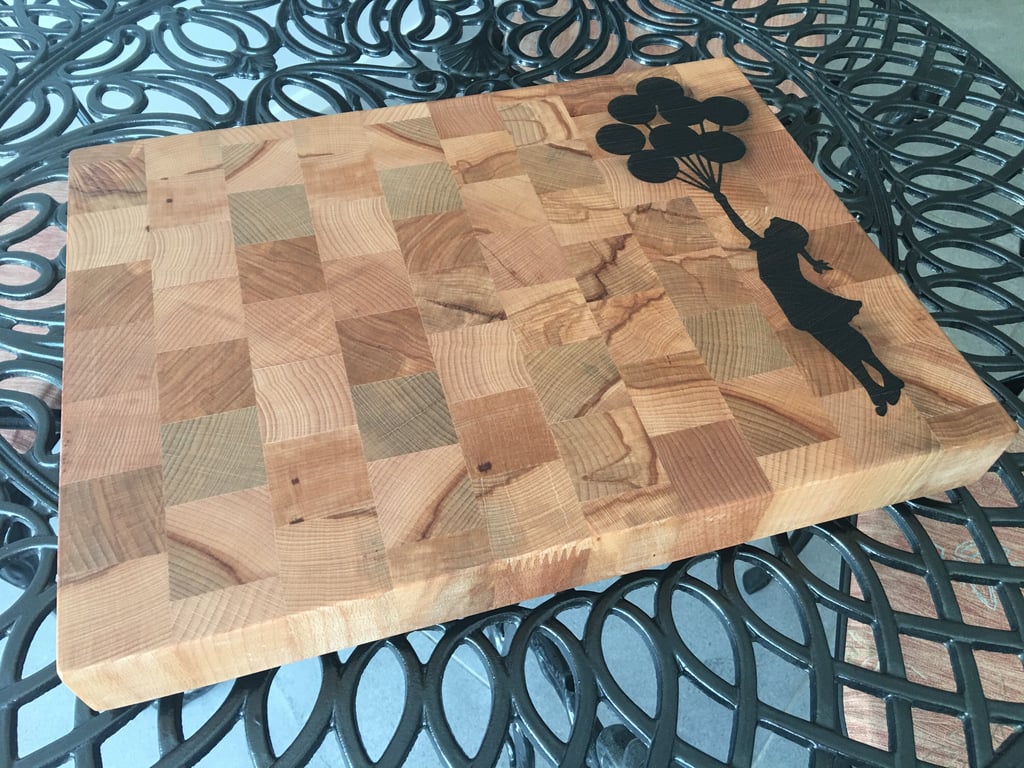 Hand Crafted Beech End Grain Cutting Board: Girl with Balloons Inlay