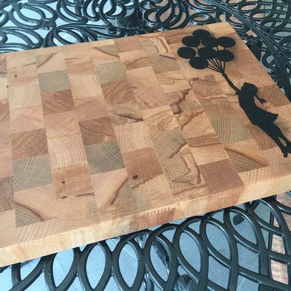 Hand Crafted Beech End Grain Cutting Board: Girl with Balloons Inlay