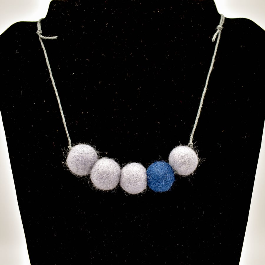Felted bead necklace in grey and navy blue wool