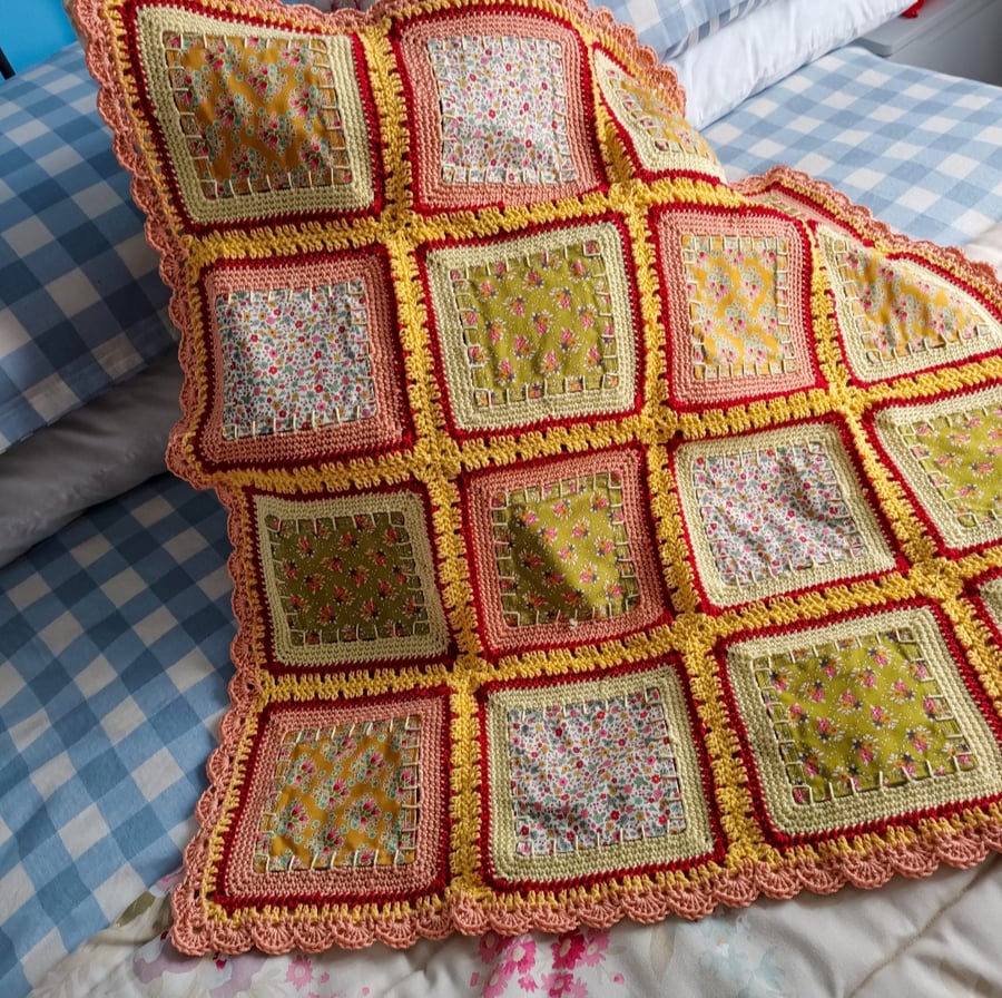 Crochet and fabric combination baby blanket, baby gift, baby blanket