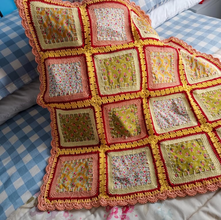 Crochet and fabric combination baby blanket, baby gift, baby blanket