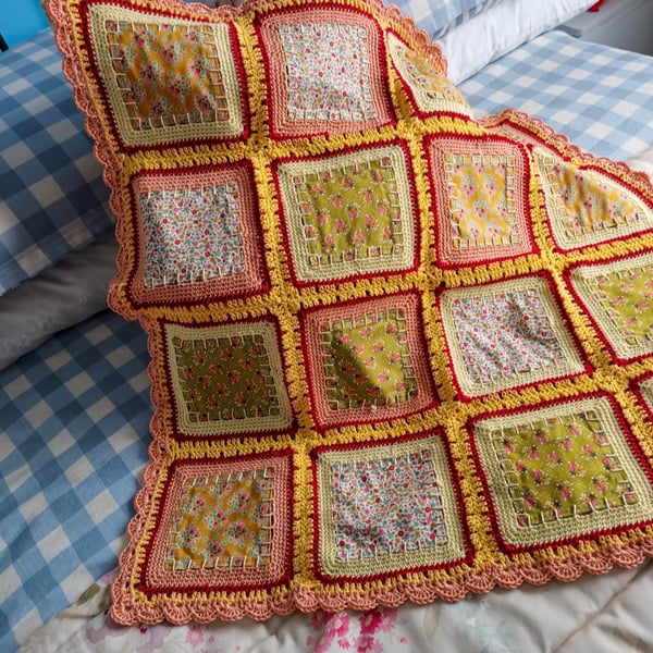 Crochet and fabric combination baby blanket, baby gift, baby blanket