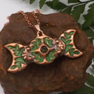 Recycled Copper Triple Moon Pendant Necklace with 4mm Peridot Gemstone.