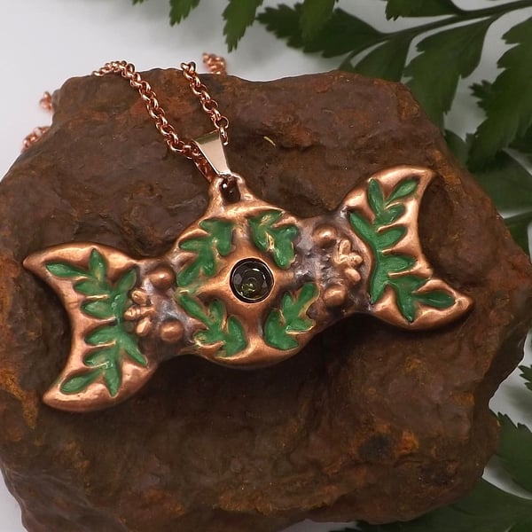 Recycled Copper Triple Moon Pendant Necklace with 4mm Peridot Gemstone.