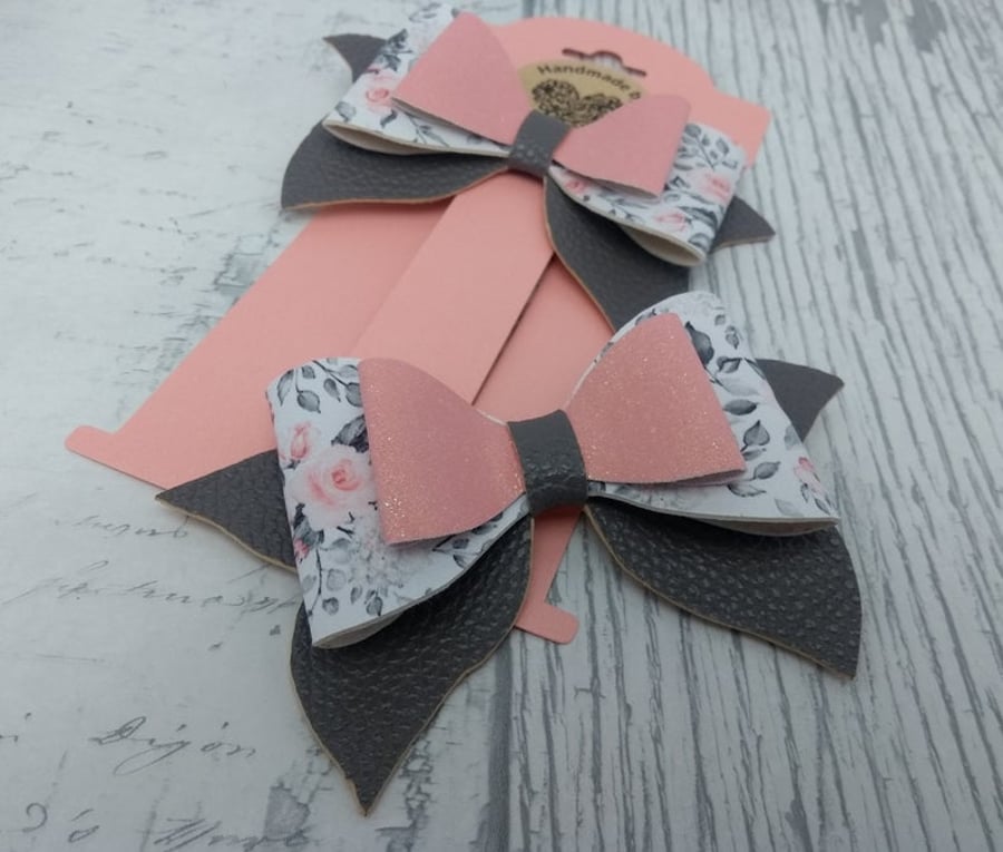 Pretty grey and pink hair bow duo, pair of bow clips, pigtail bow set