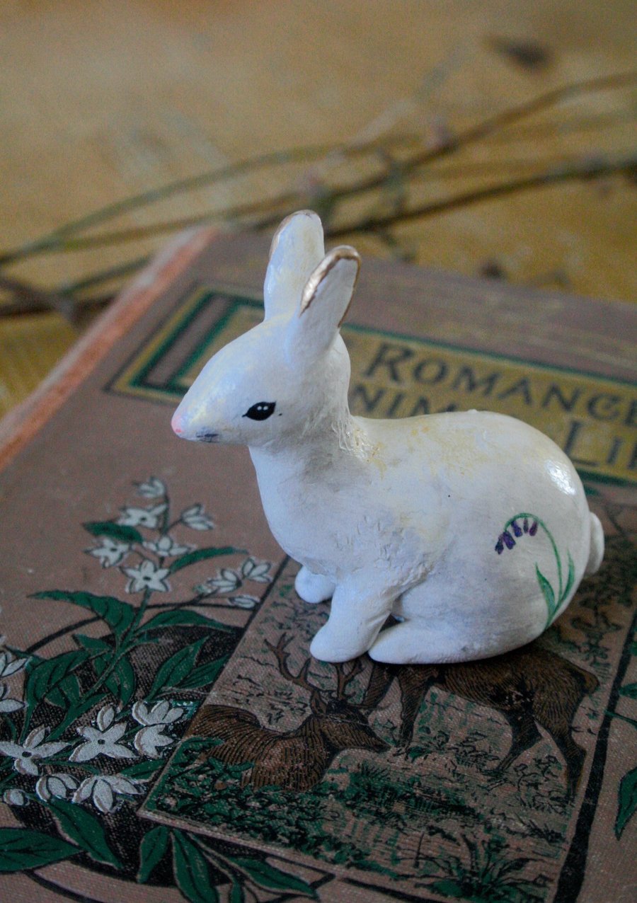 Bluebell White Woodland Rabbit, Polymer Clay Sculpture
