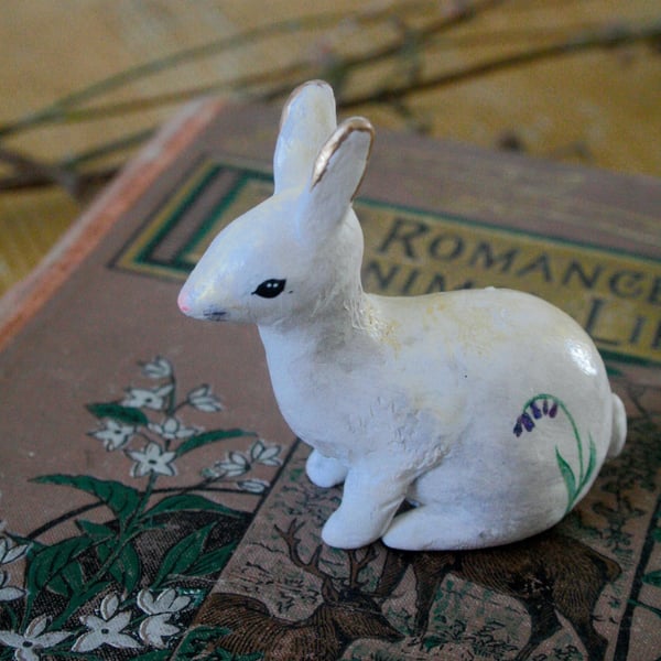 Bluebell White Woodland Rabbit, Polymer Clay Sculpture
