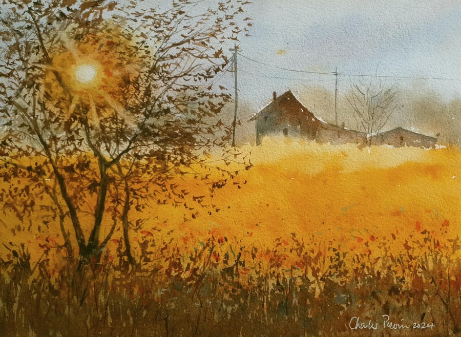 Barns and Sunset . Original Watercolour 15x11 inches. (unframed)