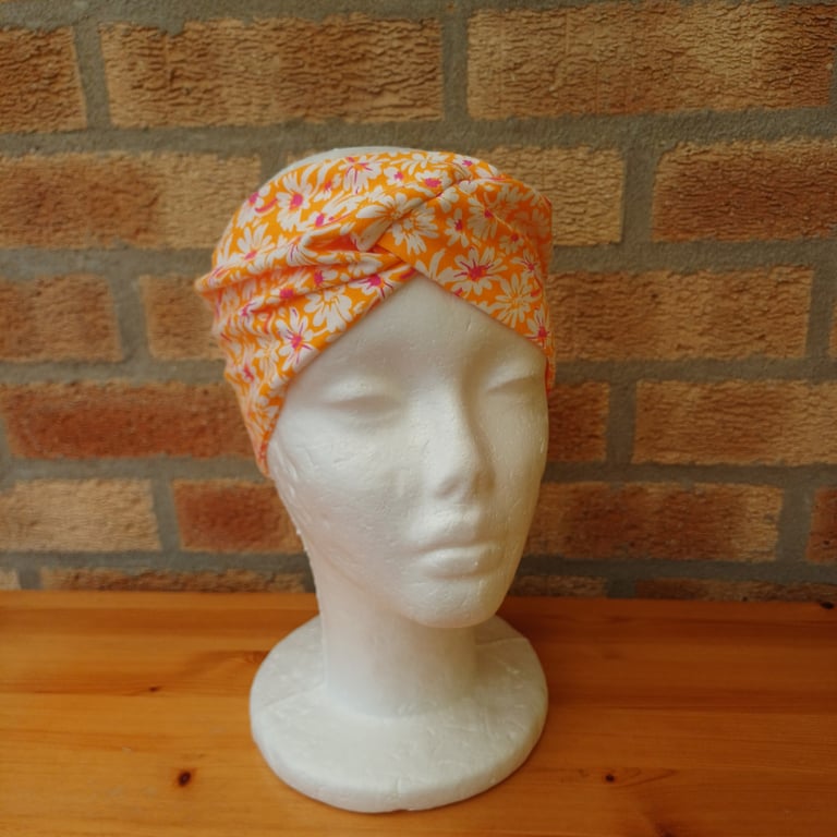 Head band orange pink floral viscose jersey turban style twist front hair band