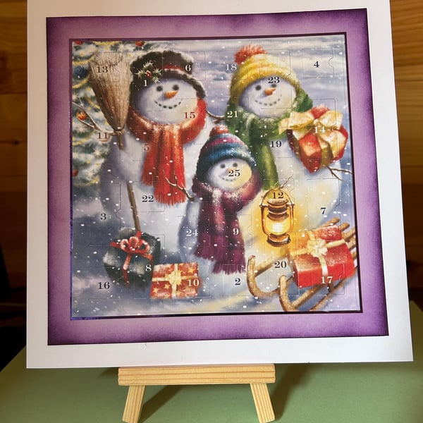 Snow family snowman Advent Calendar Card Handmade 8x8 inch square card, traditio