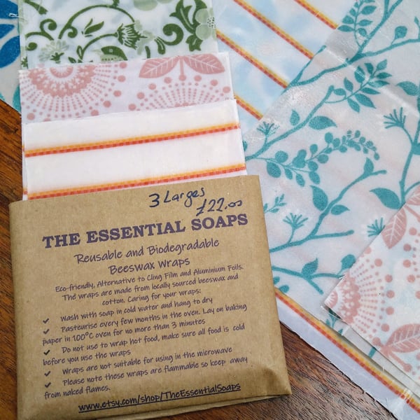 SALE, Set of 3 Large Beeswax Wrap, Food Wrap, Reusable Wrap, Sustainable Home