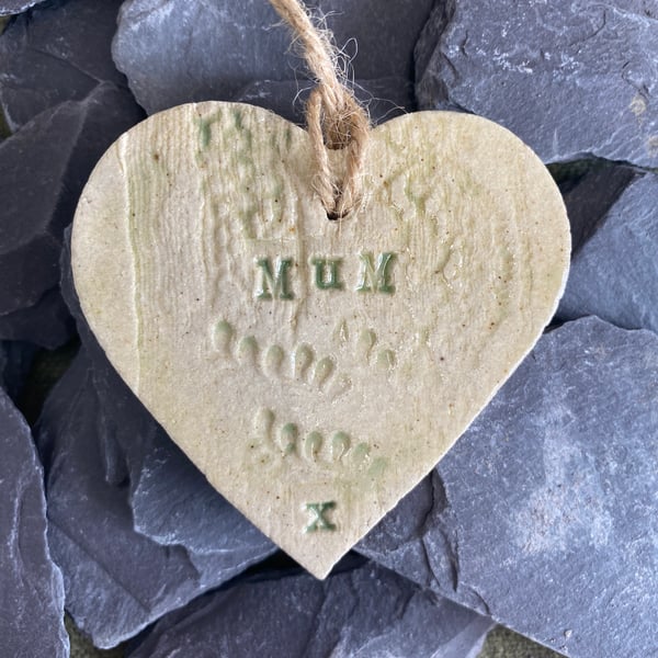 Mum, hanging pottery decorative heart, gift wrap decoration - free postage