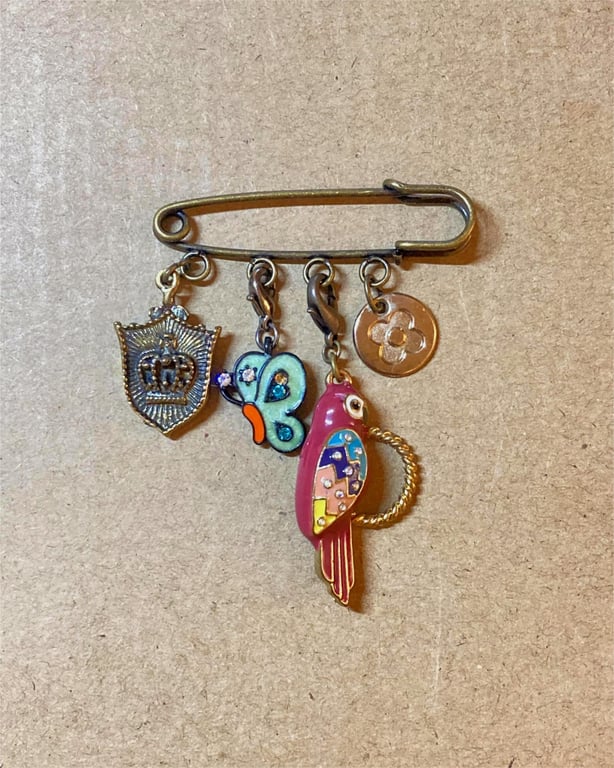 Upcycled Parrot Bird and Butterfly Pin - Lapel Pin - Handmade