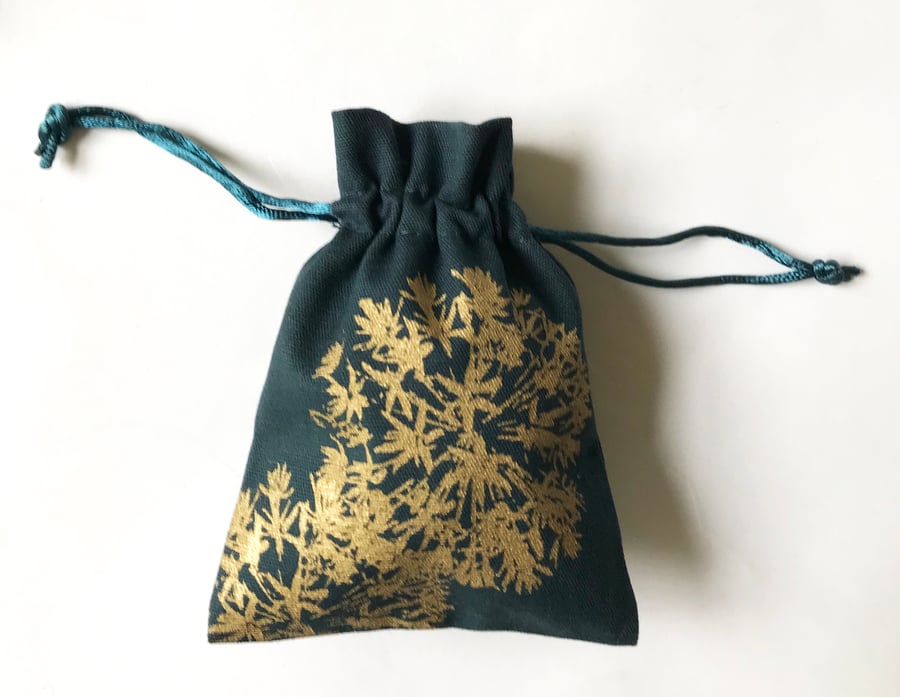 Gold floral drawstring fabric gift bag teal hand printed allium flowers print