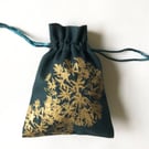 Gold floral drawstring fabric gift bag teal hand printed allium flowers print