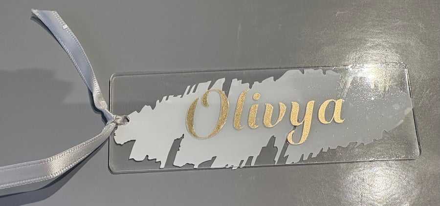 Acrylic Painted-Effect Place Name Bookmark with Gold Lettering & Ribbon