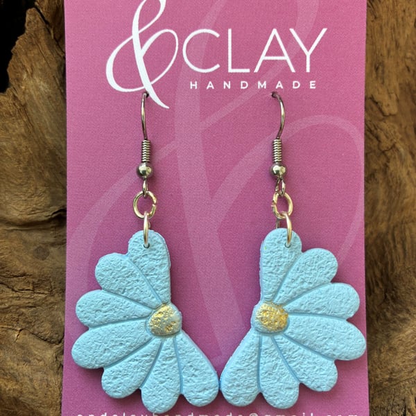Pale Blue Daisy Floral Drop Earrings