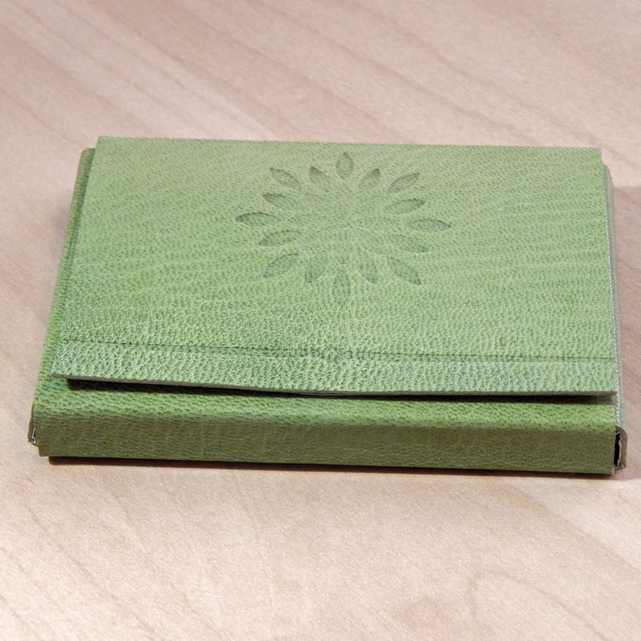 Leather Business Card Holder Card Case, Light Green with Embossed Design 