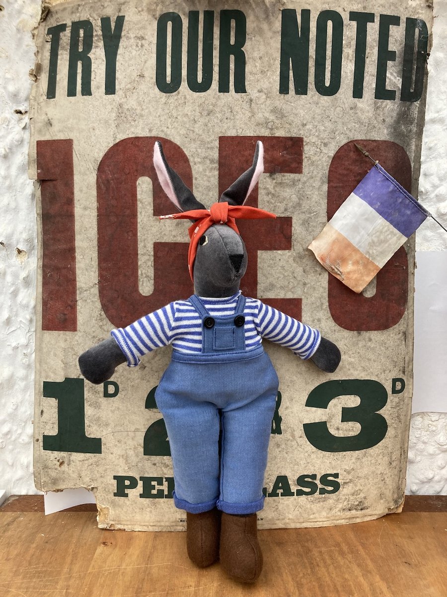 Floss the Velvet Grey Rabbit Doll wearing Vintage French Workwear