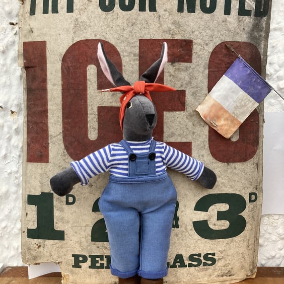 Floss the Velvet Grey Rabbit Doll wearing Vintage French Workwear
