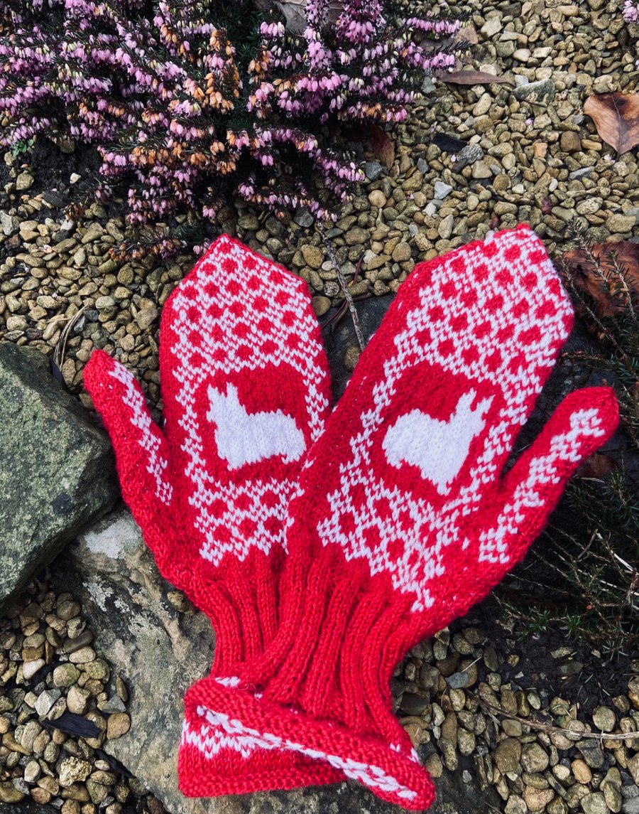 Hand Knitted Corgi Mittens - Red - Adult 