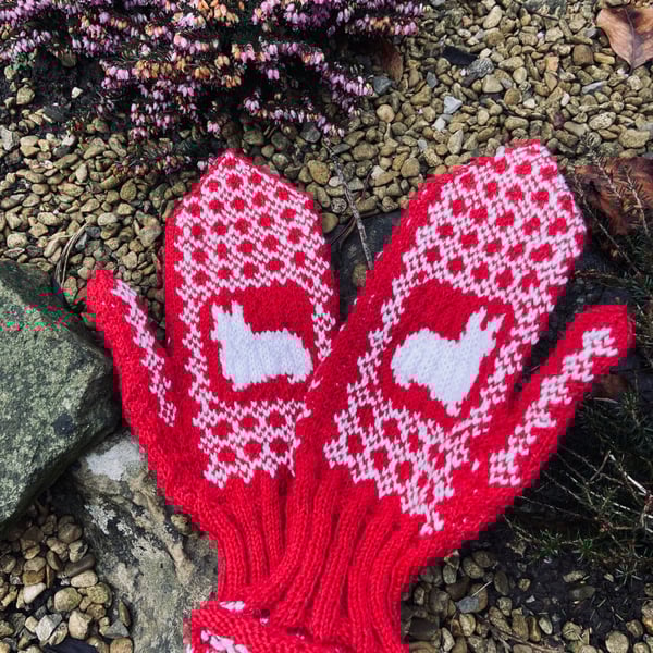 Hand Knitted Corgi Mittens - Red - Adult 