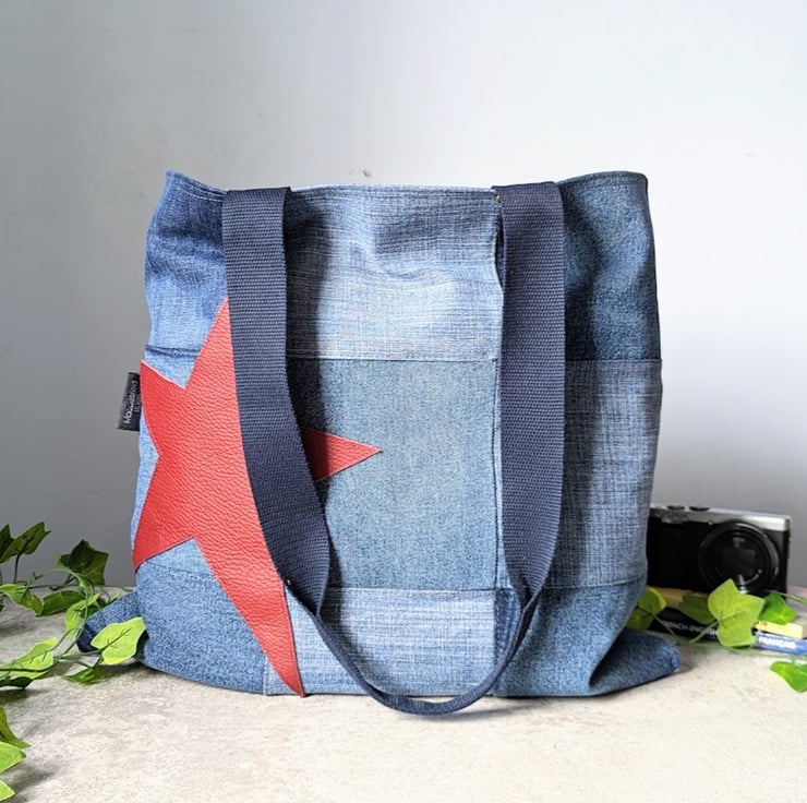 Denim Large Tote Bag. Recycled Denim Patchwork Folksy
