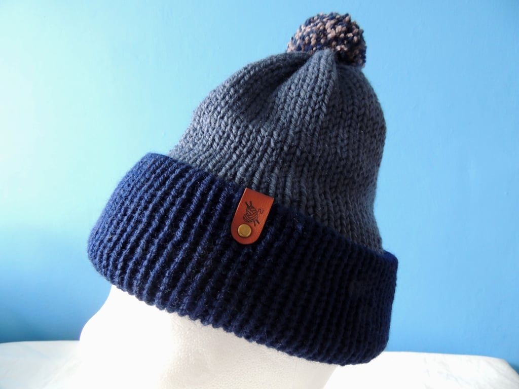 chunky hand knitted woolen hat with pompom