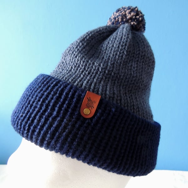 chunky hand knitted woolen hat with pompom