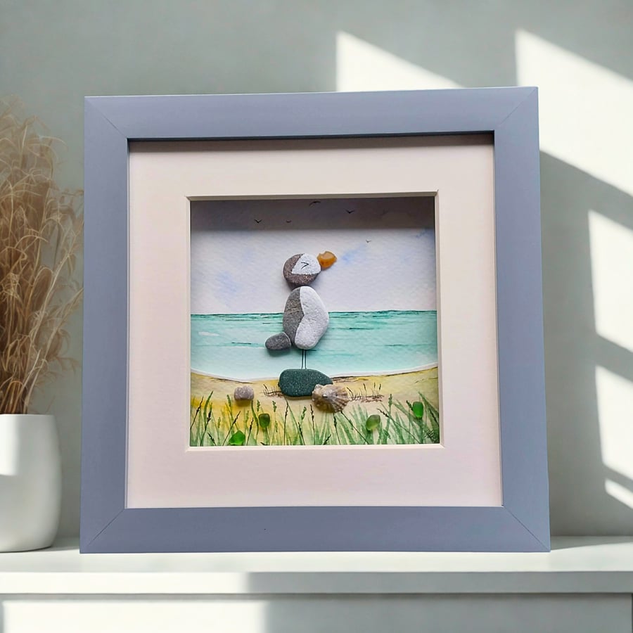 Pebble Puffin Coastal Art, Handmade Puffin Desk Picture, One-off Coastal Gift