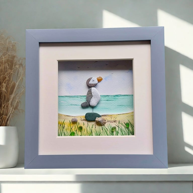 Pebble Puffin Desk Art - Watercolour and Beach Finds Coastal Home Decor