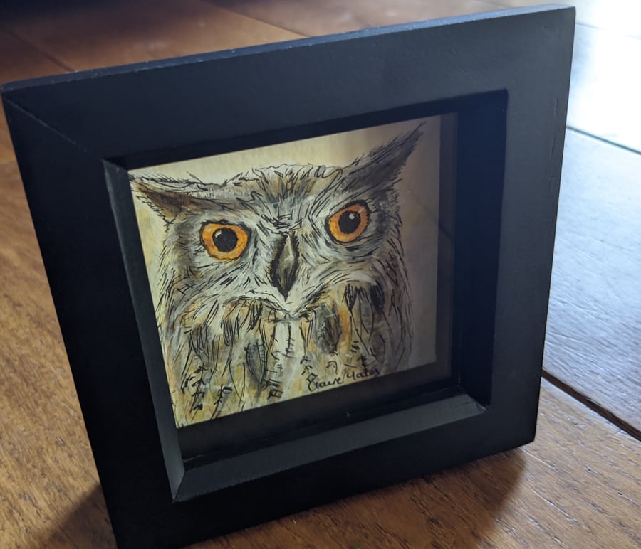 Eagle Owl painting, miniature wildlife art, watercolour, nature