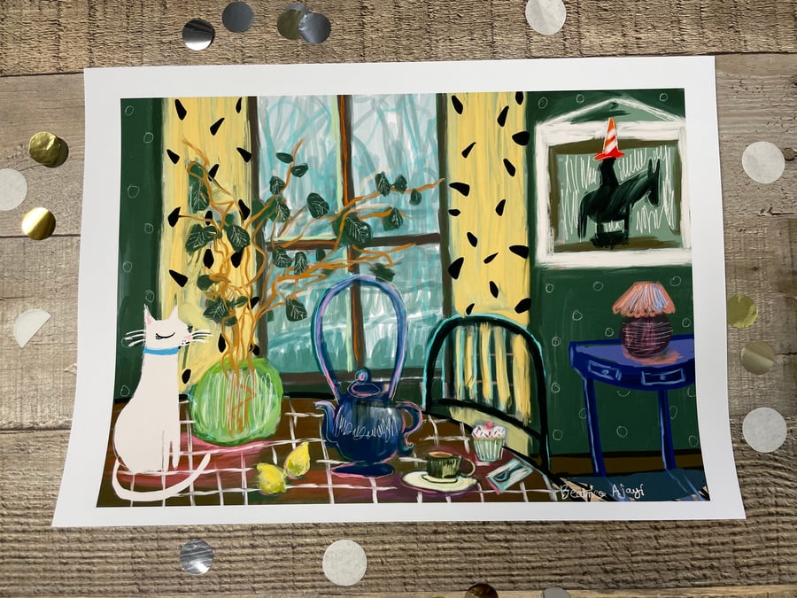 Still Life Art Print White Cat Blue Teapot & Cone