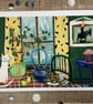 Still Life Art Print White Cat Blue Teapot & Cone