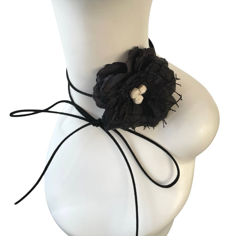 Black flower corsage tie choker necklace with howlite gemstone crystal for women