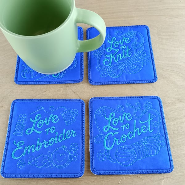Coasters - options: Sew crafty, Love to knit, Love to crochet, Love to embroider