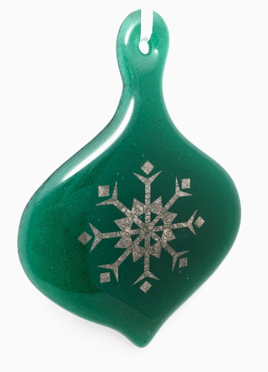 Translucent Teal Blue & Silver Snowflake Christmas Bauble Glass Decoration