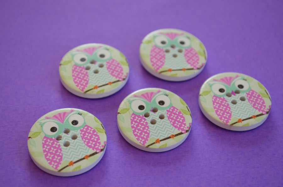 30mm Wooden Owl Buttons Pink Turquoise Green 5pk Bird (LOW3)