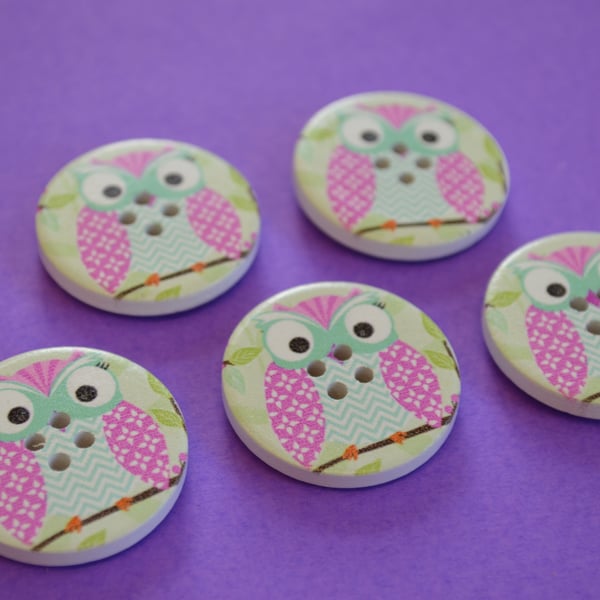 30mm Wooden Owl Buttons Pink Turquoise Green 5pk Bird (LOW3)