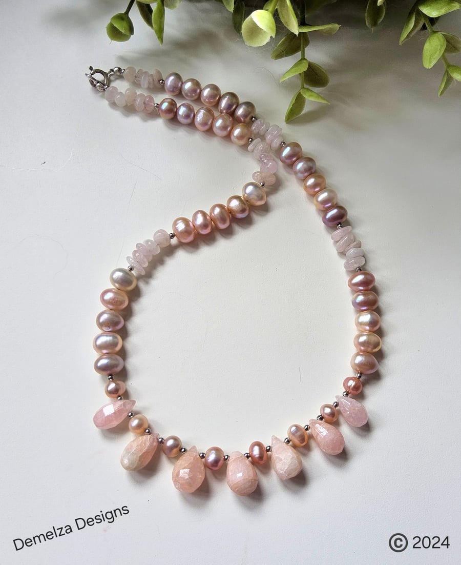 Designer Morganite & Freshwater Button Pearl Sterling Silver Necklace ONE OFF