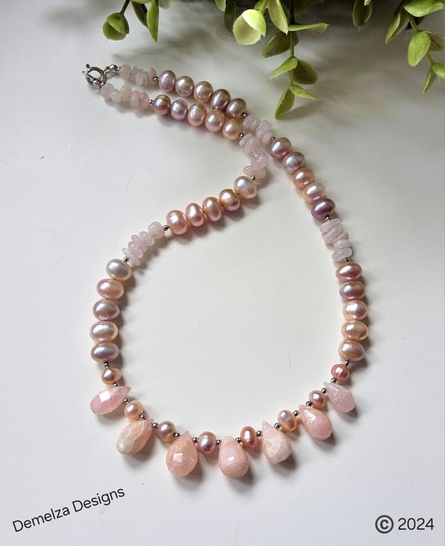 Designer Morganite & Freshwater Button Pearl Sterling Silver Necklace ONE OFF