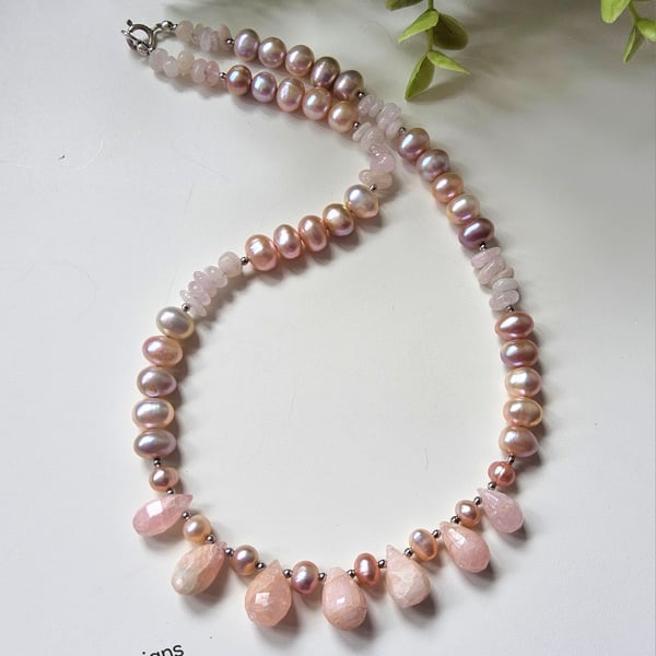 Morganite & Freshwater Button Pearl Sterling Silver Necklace ONE OFF