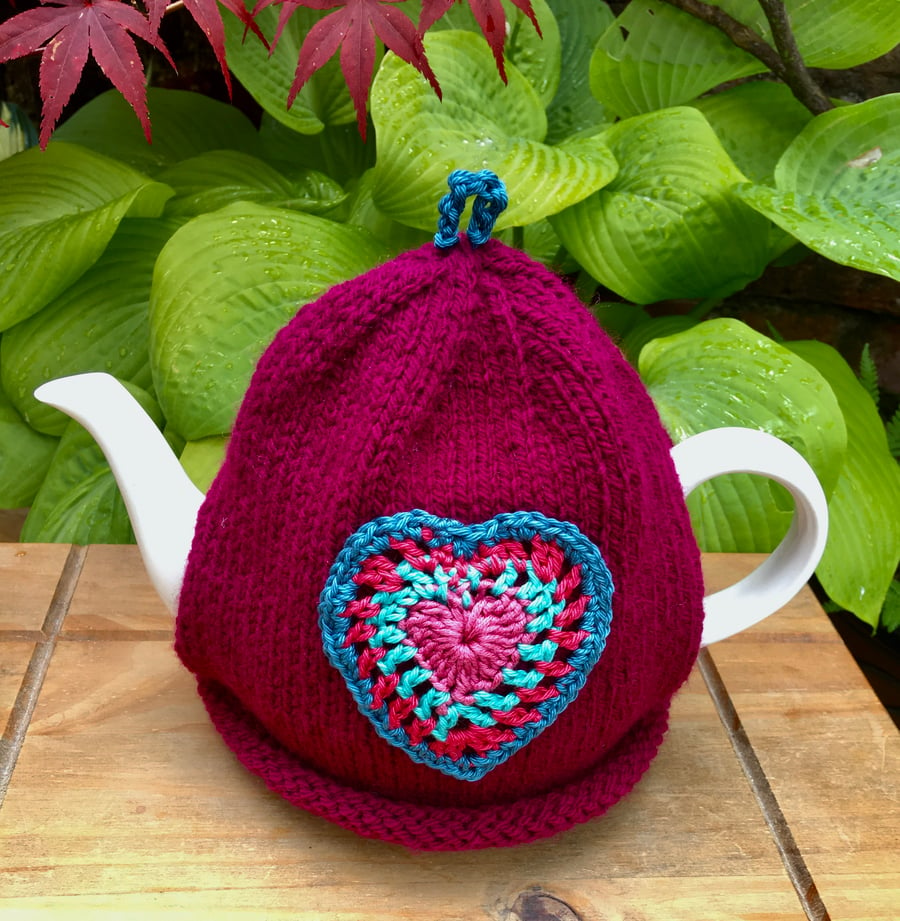 Burgundy Tea Cosy with Crochet Vintage Heart