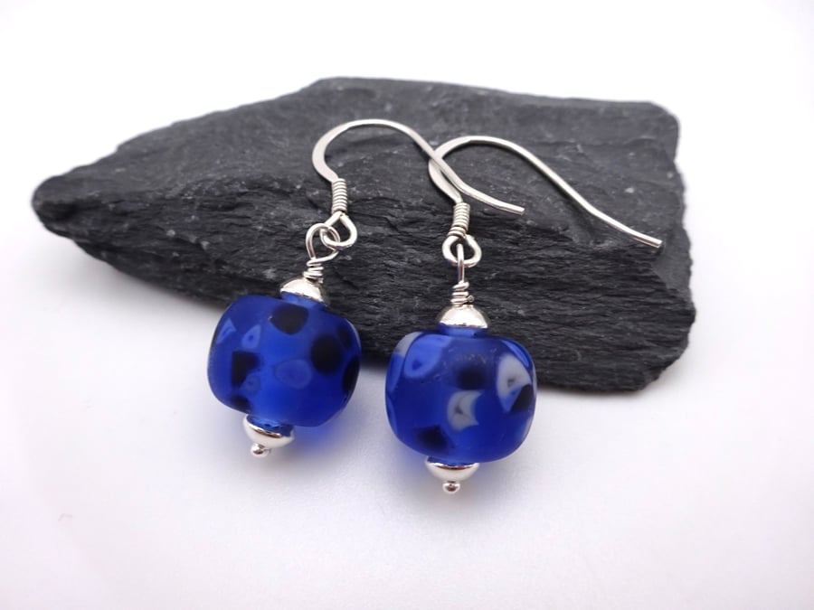 blue speckled lampwork glass earrings, sterling silver jewellery