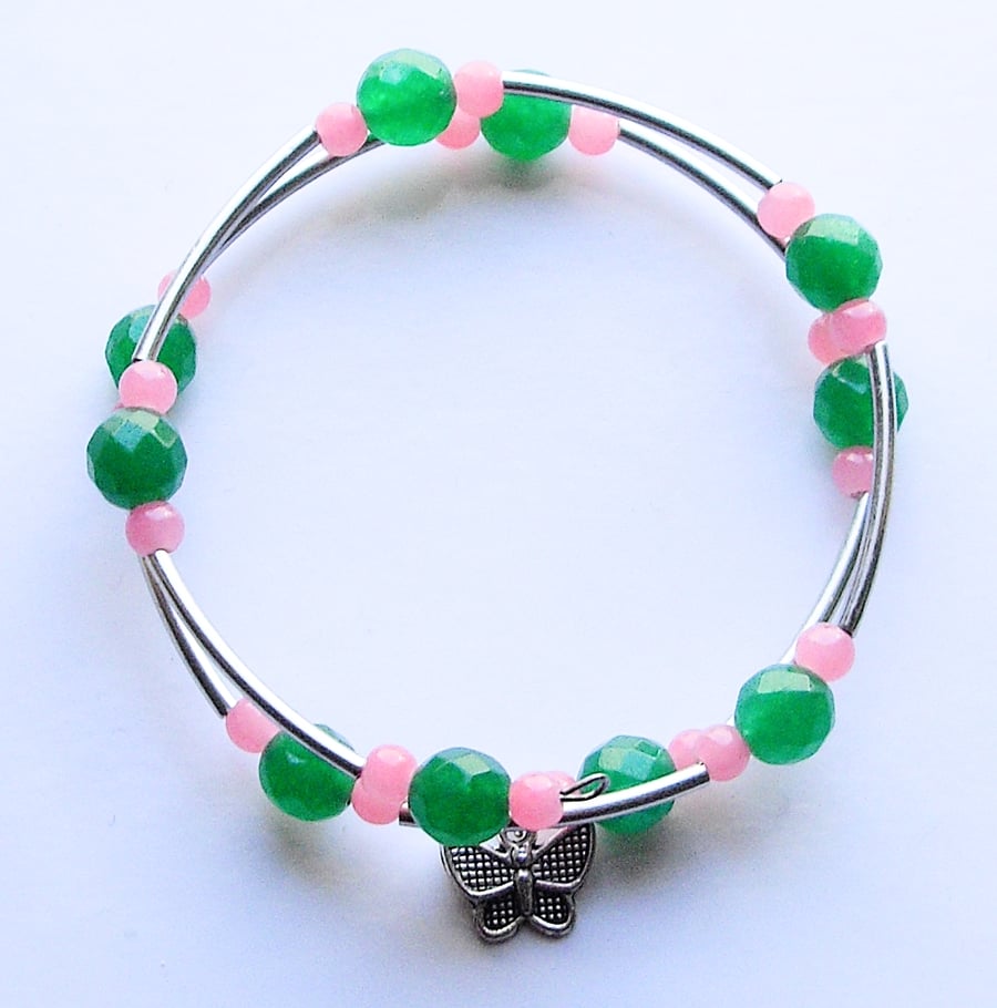 Pink Bead and Green Gemstone Wrap Bracelet - UK Free Post